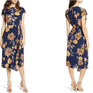 Leith Nordstrom Cap Sleeve Floral Midi Dress Navy Floral Print Size M